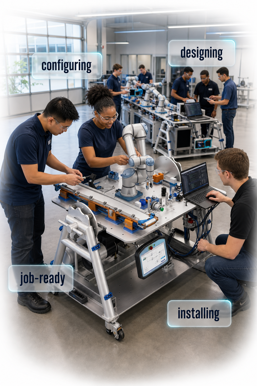 Students configuring, designing, installing, and building job-ready skills with a ROOTS RISE Plus industrial robotics training system